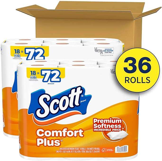 Scott ComfortPlus Toilet Paper, 2 Packs of 18 Mega Rolls, 310 Sheets per Roll, Septic-Safe, 1-Ply Toilet Tissue - Image 2
