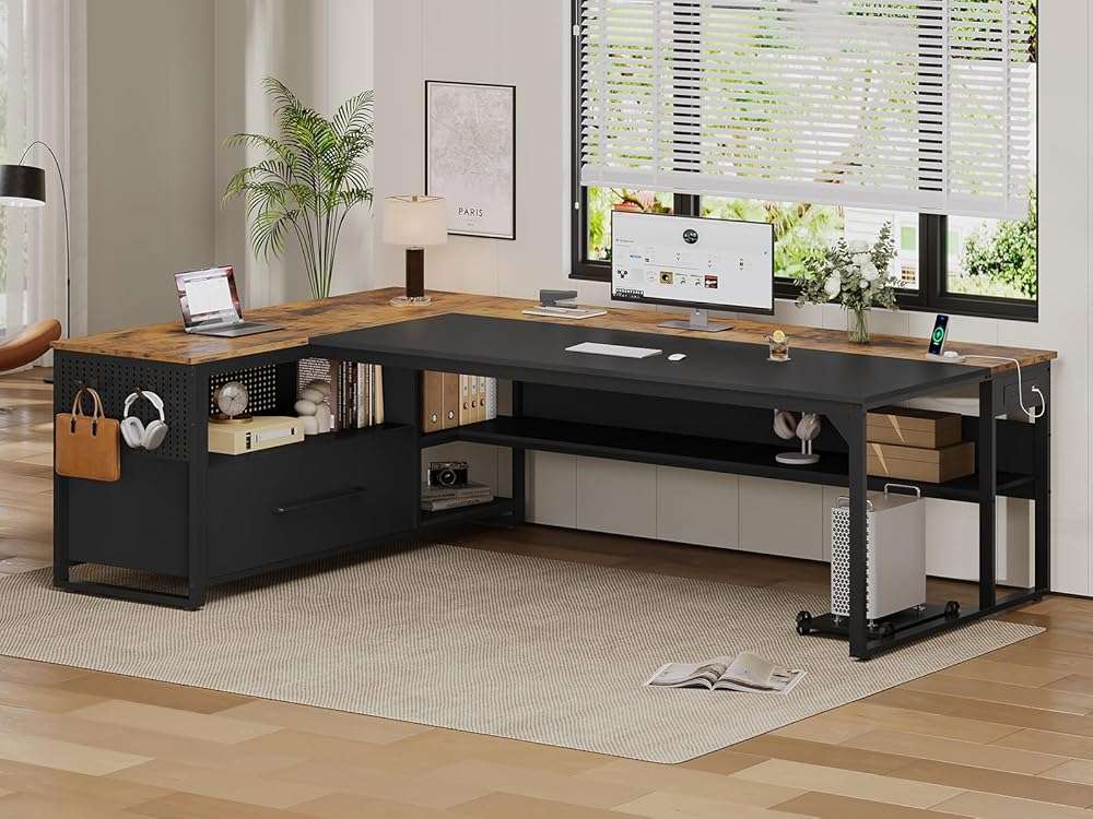 UPOSOJA 71" Executive Desk, Large Office Desk with Widen File Drawers & Power Outlets, Reversible L Shaped Computer Desk Corner Desk with Storage Shelves, CPU Stand, Hooks, Business Furniture - Image 2
