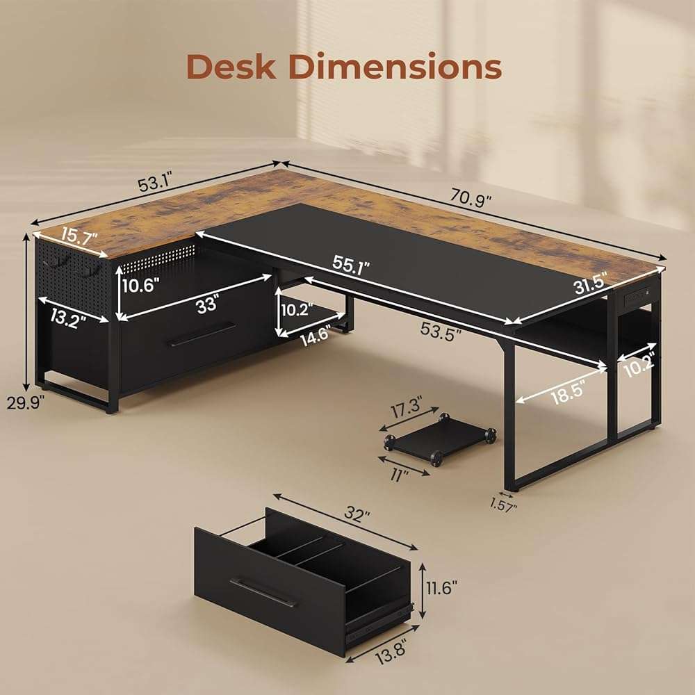 UPOSOJA 71" Executive Desk, Large Office Desk with Widen File Drawers & Power Outlets, Reversible L Shaped Computer Desk Corner Desk with Storage Shelves, CPU Stand, Hooks, Business Furniture - Image 3