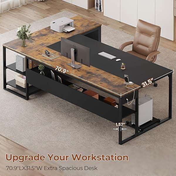 UPOSOJA 71" Executive Desk, Large Office Desk with Widen File Drawers & Power Outlets, Reversible L Shaped Computer Desk Corner Desk with Storage Shelves, CPU Stand, Hooks, Business Furniture - Image 4