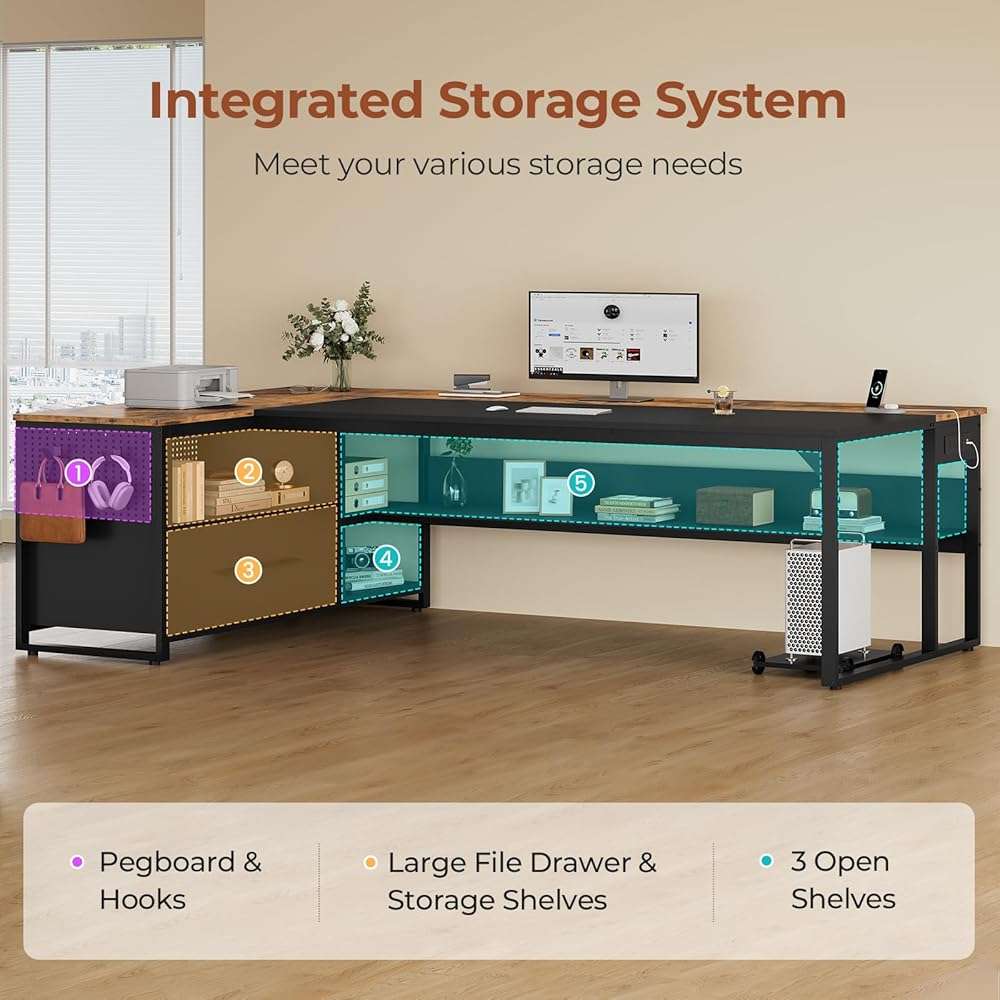 UPOSOJA 71" Executive Desk, Large Office Desk with Widen File Drawers & Power Outlets, Reversible L Shaped Computer Desk Corner Desk with Storage Shelves, CPU Stand, Hooks, Business Furniture - Image 6