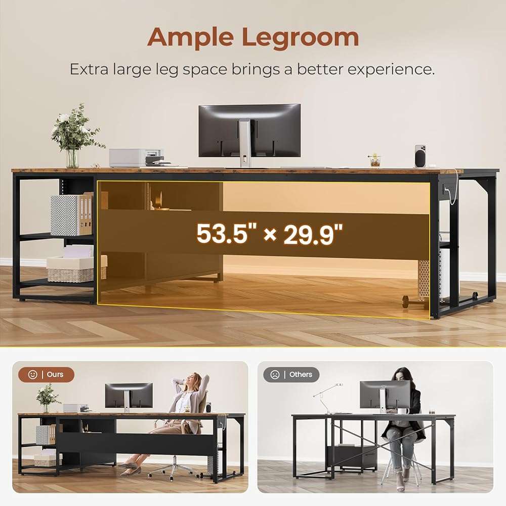 UPOSOJA 71" Executive Desk, Large Office Desk with Widen File Drawers & Power Outlets, Reversible L Shaped Computer Desk Corner Desk with Storage Shelves, CPU Stand, Hooks, Business Furniture - Image 7