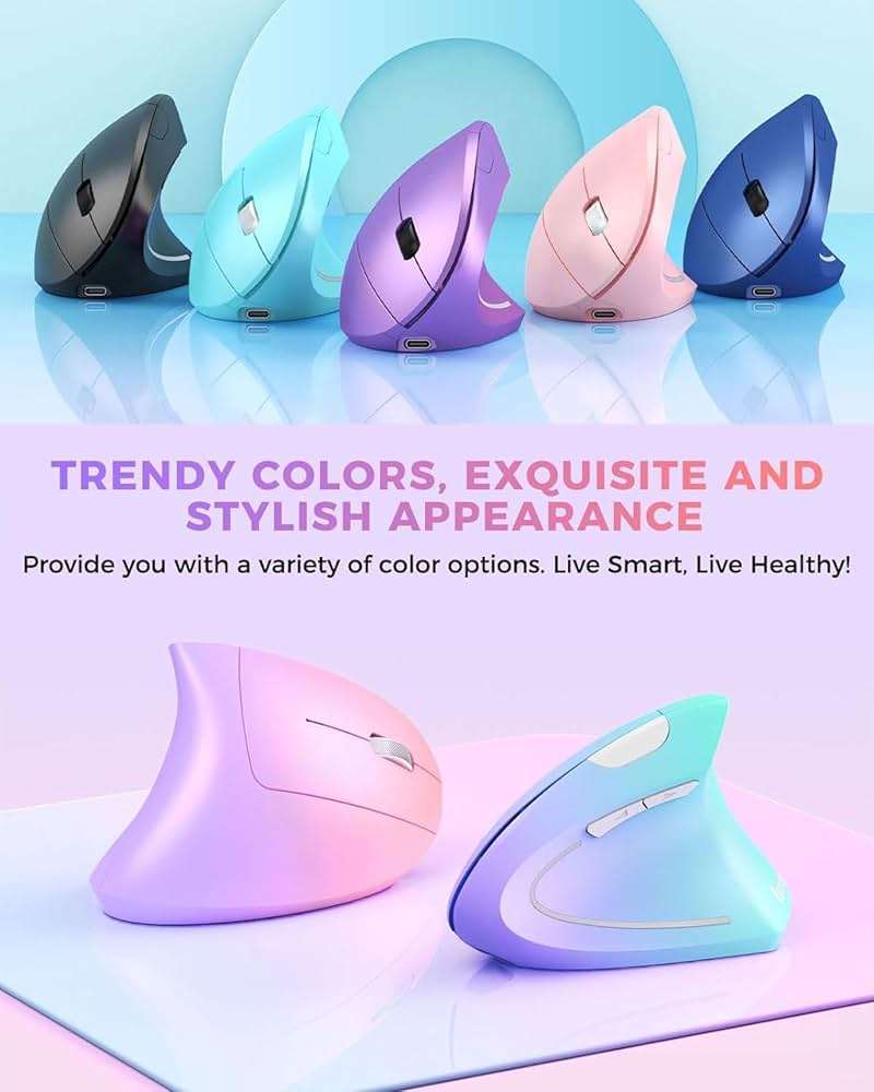 Lekvey Ergonomic Mouse, Vertical Wireless Mouse Rechargeable 2.4 GHz Optical Carpal Tunnel Mouse : 800/1200/1600 DPI, 6 Buttons, for Laptop, PC, Mac, Computer, Desktop, Notebook etc, Pink to Purple - Image 2