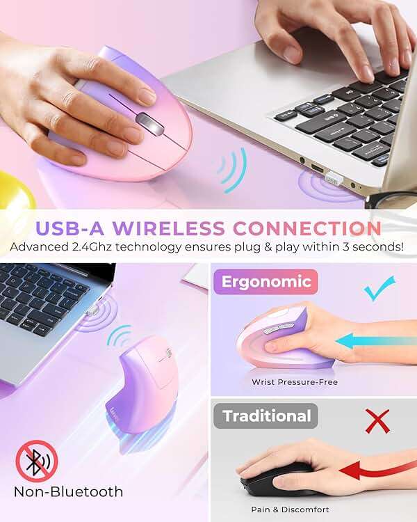 Lekvey Ergonomic Mouse, Vertical Wireless Mouse Rechargeable 2.4 GHz Optical Carpal Tunnel Mouse : 800/1200/1600 DPI, 6 Buttons, for Laptop, PC, Mac, Computer, Desktop, Notebook etc, Pink to Purple - Image 3