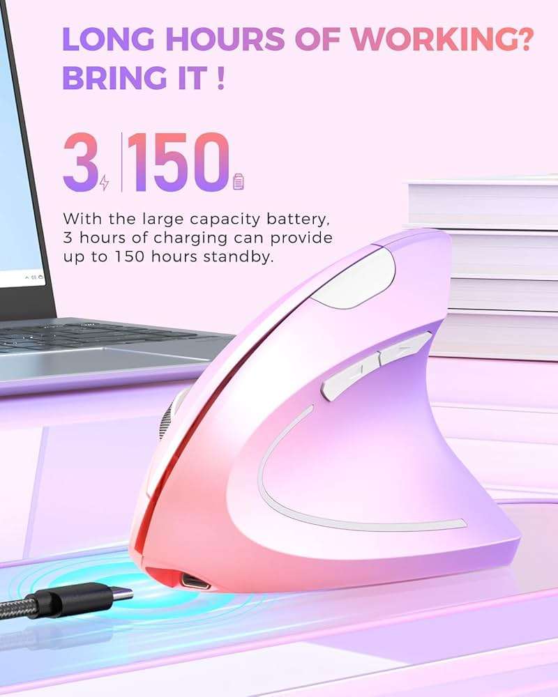 Lekvey Ergonomic Mouse, Vertical Wireless Mouse Rechargeable 2.4 GHz Optical Carpal Tunnel Mouse : 800/1200/1600 DPI, 6 Buttons, for Laptop, PC, Mac, Computer, Desktop, Notebook etc, Pink to Purple - Image 4