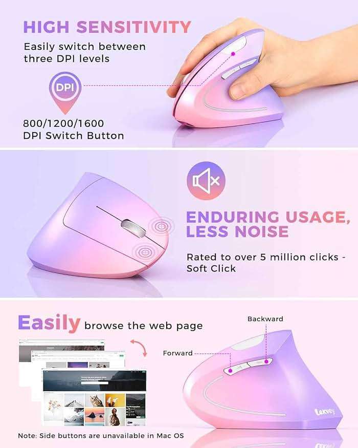 Lekvey Ergonomic Mouse, Vertical Wireless Mouse Rechargeable 2.4 GHz Optical Carpal Tunnel Mouse : 800/1200/1600 DPI, 6 Buttons, for Laptop, PC, Mac, Computer, Desktop, Notebook etc, Pink to Purple - Image 5