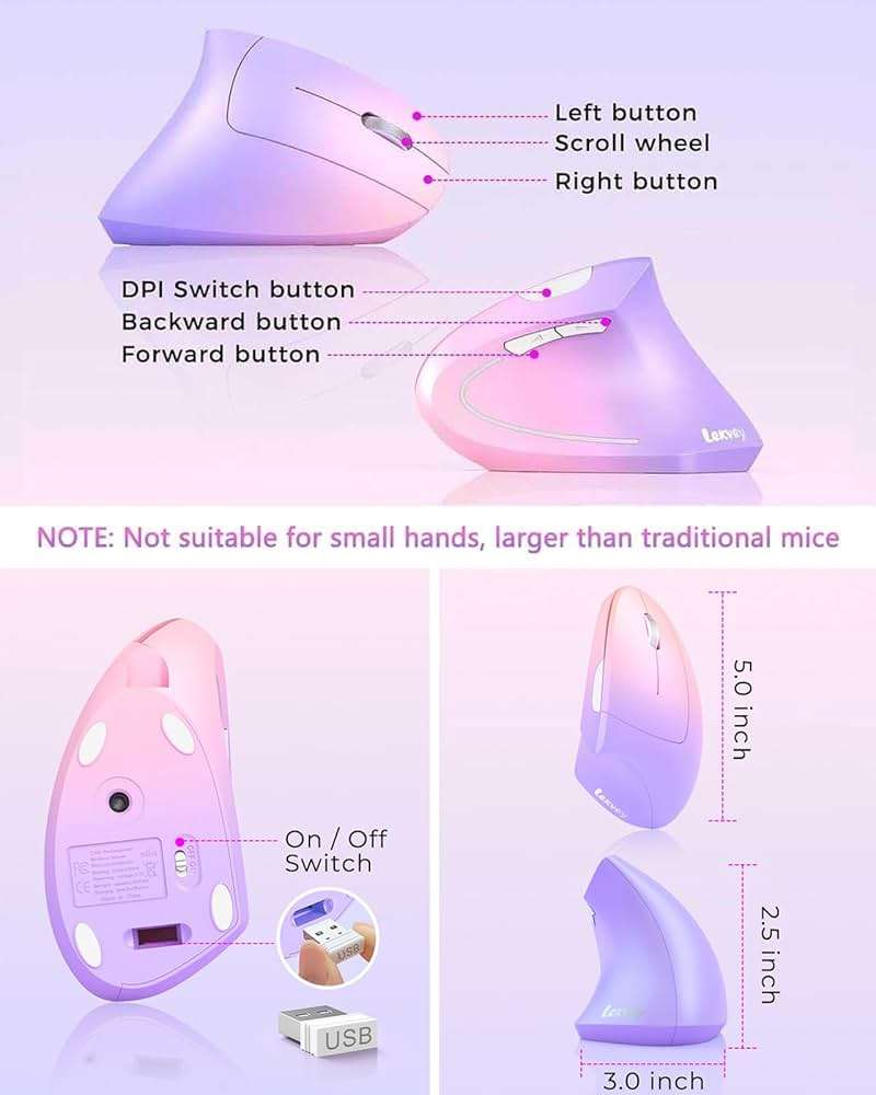 Lekvey Ergonomic Mouse, Vertical Wireless Mouse Rechargeable 2.4 GHz Optical Carpal Tunnel Mouse : 800/1200/1600 DPI, 6 Buttons, for Laptop, PC, Mac, Computer, Desktop, Notebook etc, Pink to Purple - Image 6