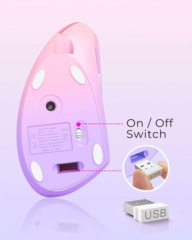 Lekvey Ergonomic Mouse, Vertical Wireless Mouse Rechargeable 2.4 GHz Optical Carpal Tunnel Mouse : 800/1200/1600 DPI, 6 Buttons, for Laptop, PC, Mac, Computer, Desktop, Notebook etc, Pink to Purple - Image 8