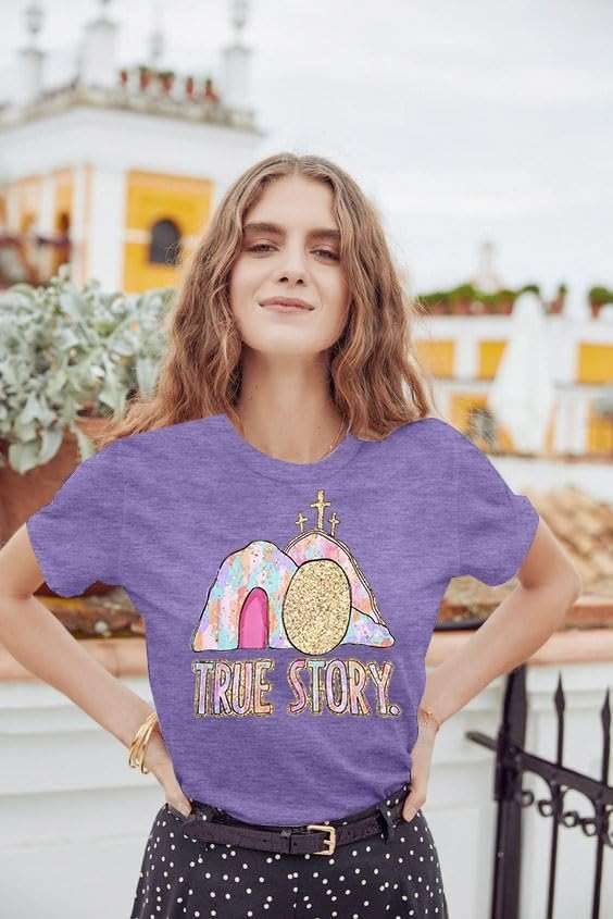 Easter Shirt Women True Story of Jesus T-Shirt Christian Gift Retro Faith Religious Casual Tee Top - Image 2