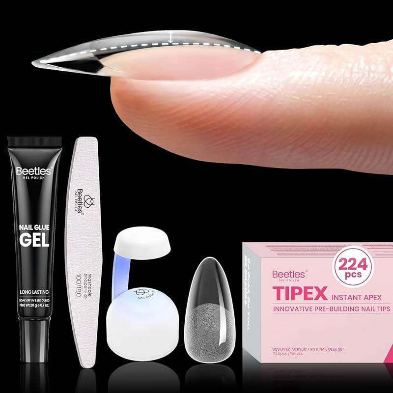 Beetles Tipex Instant Apex Nail Tips Kit, Medium Almond, 224PCS 16 Sizes 00-14, No Builder Gel Needed, 20g Solid Nail Glue, Mini UV Lamp - Image 1