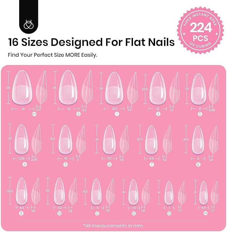 Beetles Tipex Instant Apex Nail Tips Kit, Medium Almond, 224PCS 16 Sizes 00-14, No Builder Gel Needed, 20g Solid Nail Glue, Mini UV Lamp - Image 3