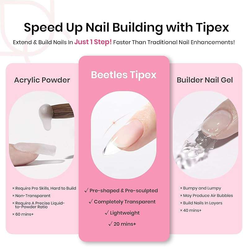 Beetles Tipex Instant Apex Nail Tips Kit, Medium Almond, 224PCS 16 Sizes 00-14, No Builder Gel Needed, 20g Solid Nail Glue, Mini UV Lamp - Image 7