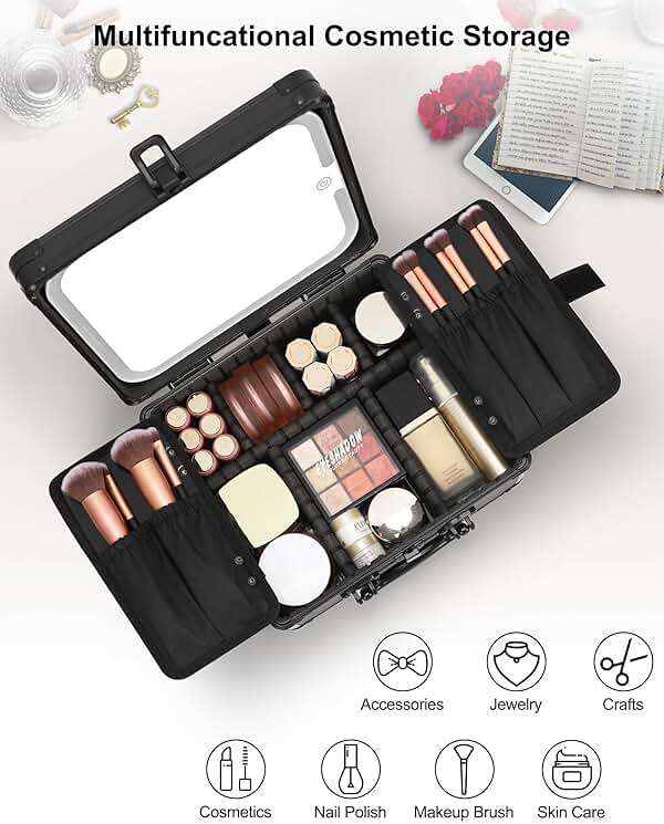 Relavel Makeup Bag with LED Mirror, Makeup Box Travel Train Case with Rechargeable Lighted Mirror & Adjustable Dividers, Cosmetic Brush Organizer Storage for Makeup Artists Gifts for Women and Girls - Image 6
