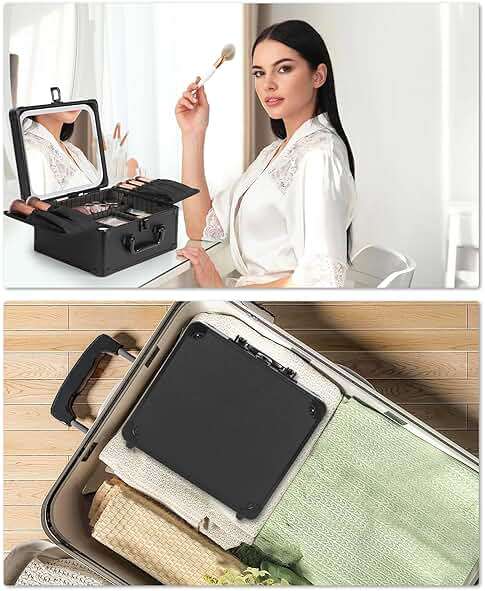 Relavel Makeup Bag with LED Mirror, Makeup Box Travel Train Case with Rechargeable Lighted Mirror & Adjustable Dividers, Cosmetic Brush Organizer Storage for Makeup Artists Gifts for Women and Girls - Image 7