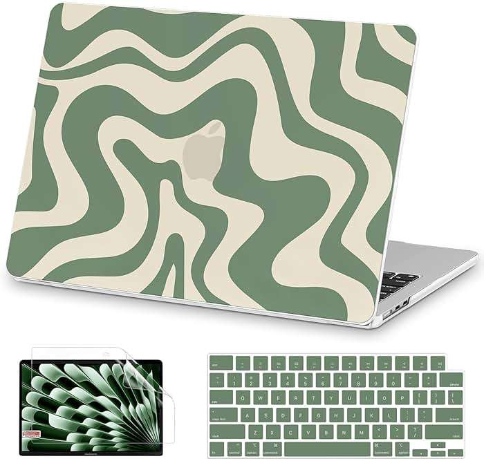 AKIT Compatible with MacBook Air 15 Inch Case 2026 2025-2023 M5 M4 M3 M2 A3448 A3241 A3114 A2941, Unique Pattern Hard Shell Laptop Case+Keyboard Cover+Screen Protector for Mac Air 15 Inch, Green Wave - Image 1