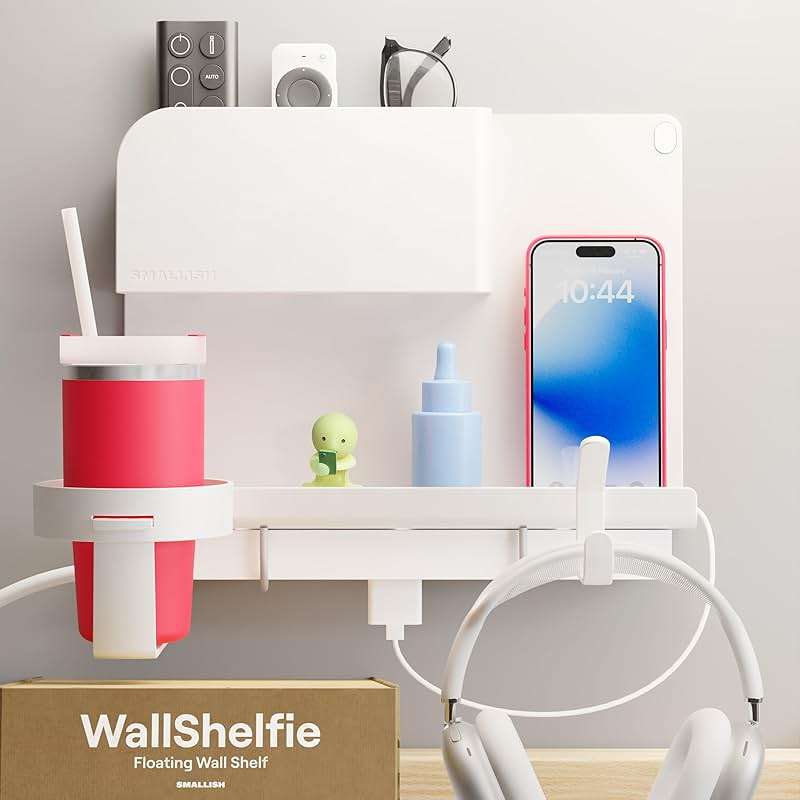 WallShelfie Bedside Wall Organizer & Dorm Decor - Dorm Room Essential, Floating Bedside Shelf Wall Mount Organizer, Remote Control Holder, Cool Teen Girls Trendy Stuff, Room Organization (White) - Image 1