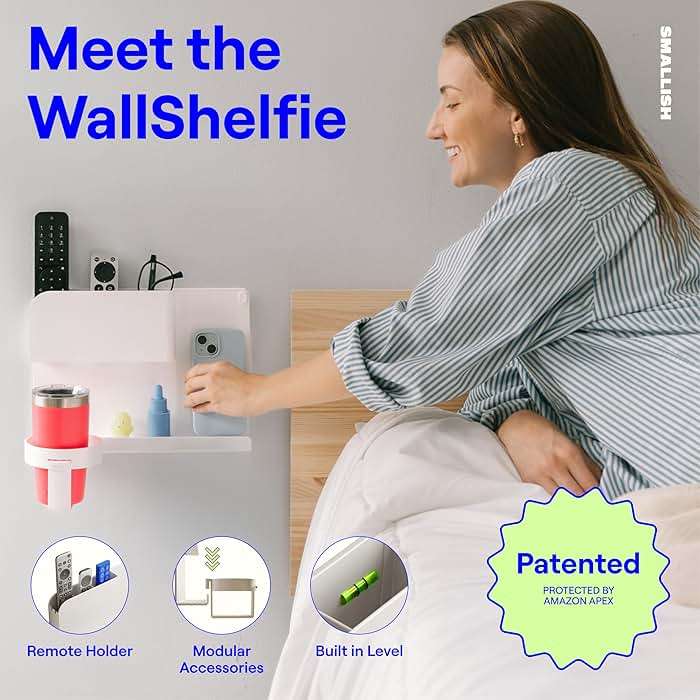 WallShelfie Bedside Wall Organizer & Dorm Decor - Dorm Room Essential, Floating Bedside Shelf Wall Mount Organizer, Remote Control Holder, Cool Teen Girls Trendy Stuff, Room Organization (White) - Image 3