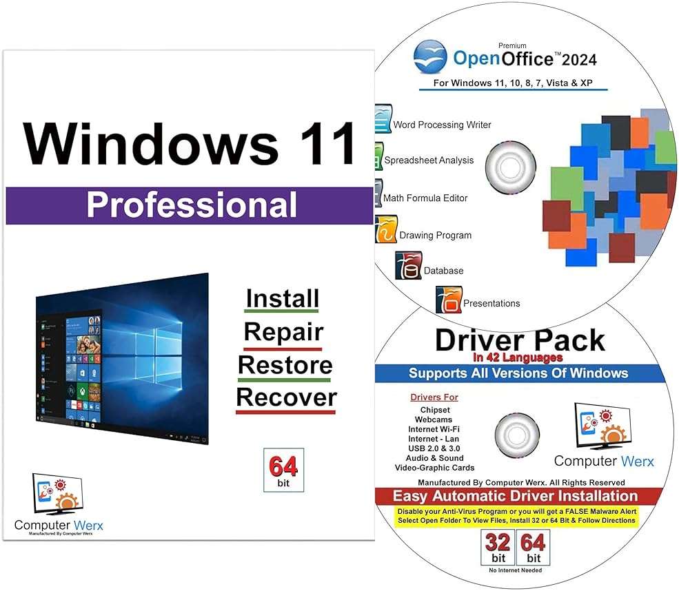 Computer Werx Compatible with/Replacement for Windows 11 Professional 64 Bit Install DVD with key, Repair, Recover & Restore DVD plus Open Office 2024 & Drivers pack DVD. 3 Pack - Image 1