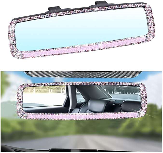 BLAU GRUN Bling Car Rear View Mirror, Rhinestones Crystal Clip-on Rearview Mirror with HD Glass, Compatible with Most Cars, SUVs, Vehicles, Auto Interior Accessories for Women Girl (Pink) - Image 1