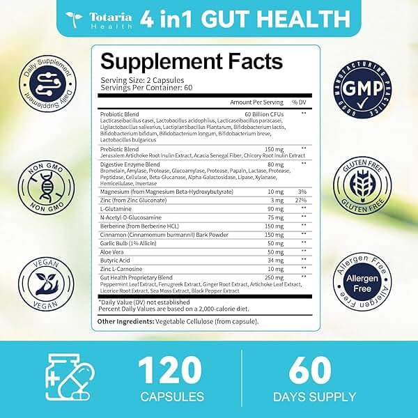 14-in-1 Gut Health with Probiotics, Prebiotics, Postbiotics & Digestive Enzymes for Women & Men, 60 Billion CFU Probiotics for Digestion, Strong Immunity, Skin, Complete Gut Health (120 Capsules) - Image 7