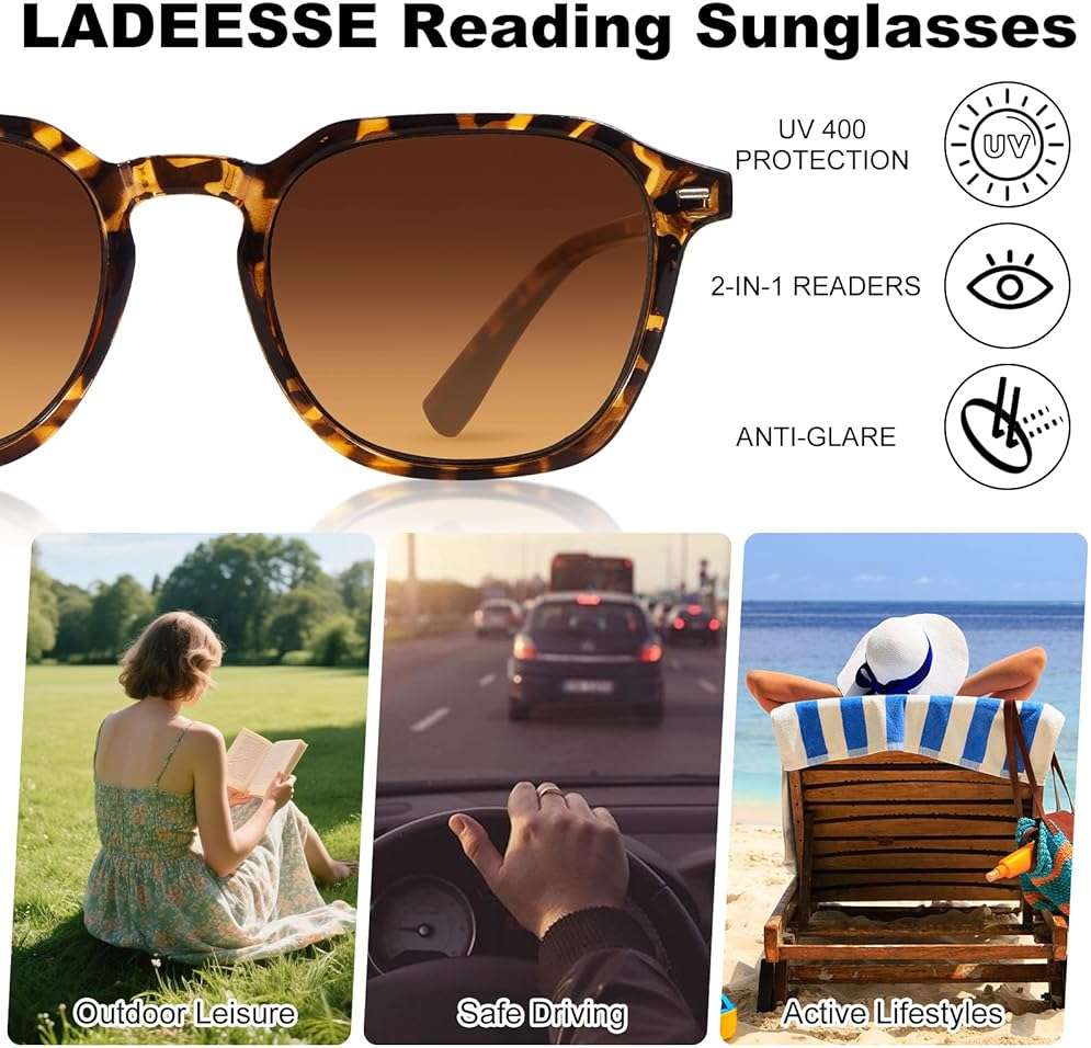LADEESSE Reading Sunglasses for Women, Stylish Reading Glasses, Lightweight Square Readers for Men & Women - Image 2