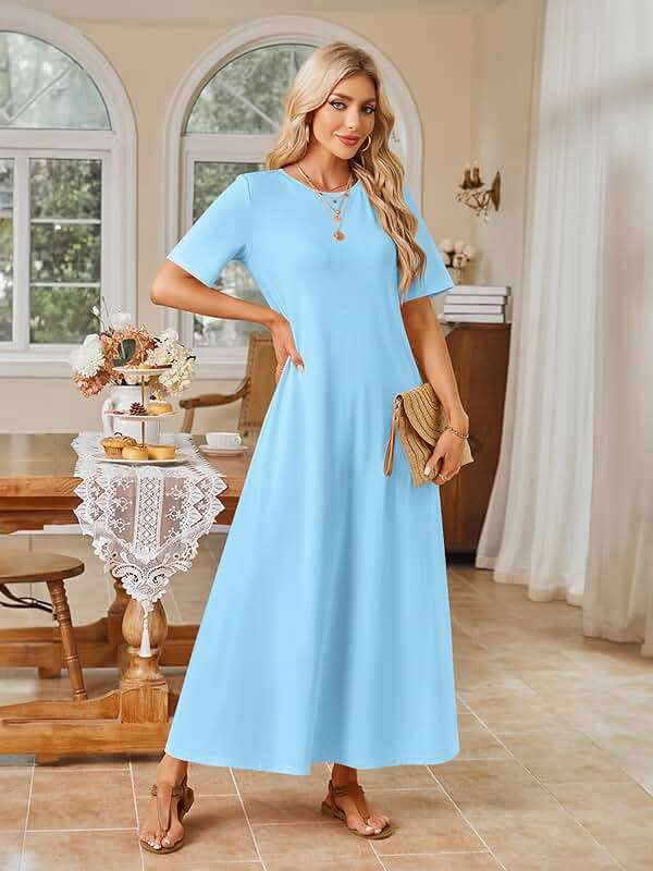 MEROKEETY Summer Casual Maxi Dresses for Women 2026 Vacation Crew Neck Short Sleeve Modest Long T Shirt Dress with Pockets - Image 2
