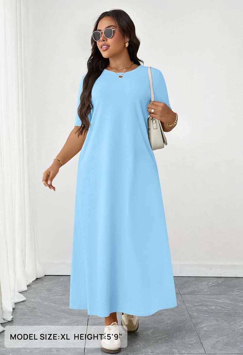 MEROKEETY Summer Casual Maxi Dresses for Women 2026 Vacation Crew Neck Short Sleeve Modest Long T Shirt Dress with Pockets - Image 4