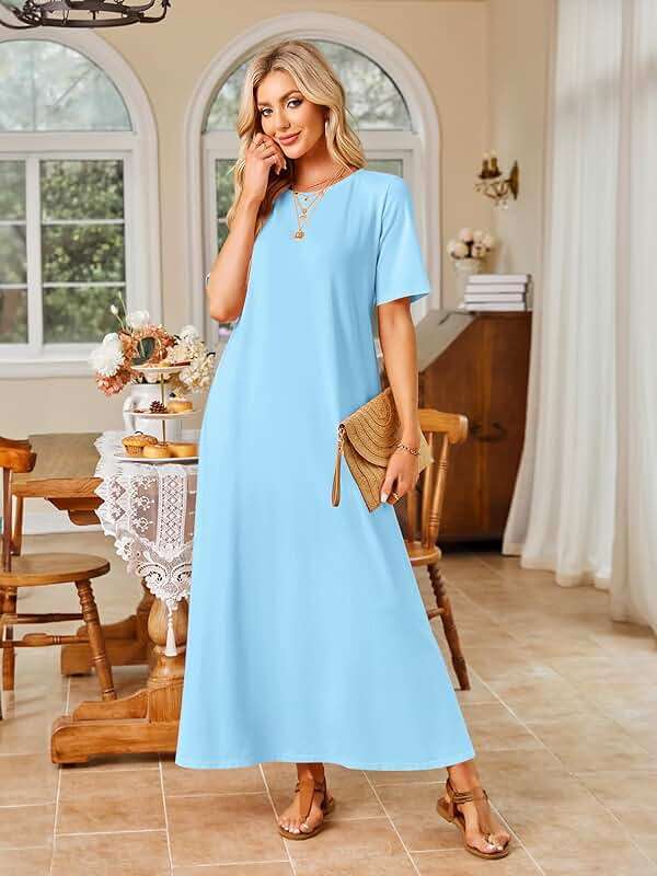 MEROKEETY Summer Casual Maxi Dresses for Women 2026 Vacation Crew Neck Short Sleeve Modest Long T Shirt Dress with Pockets - Image 7