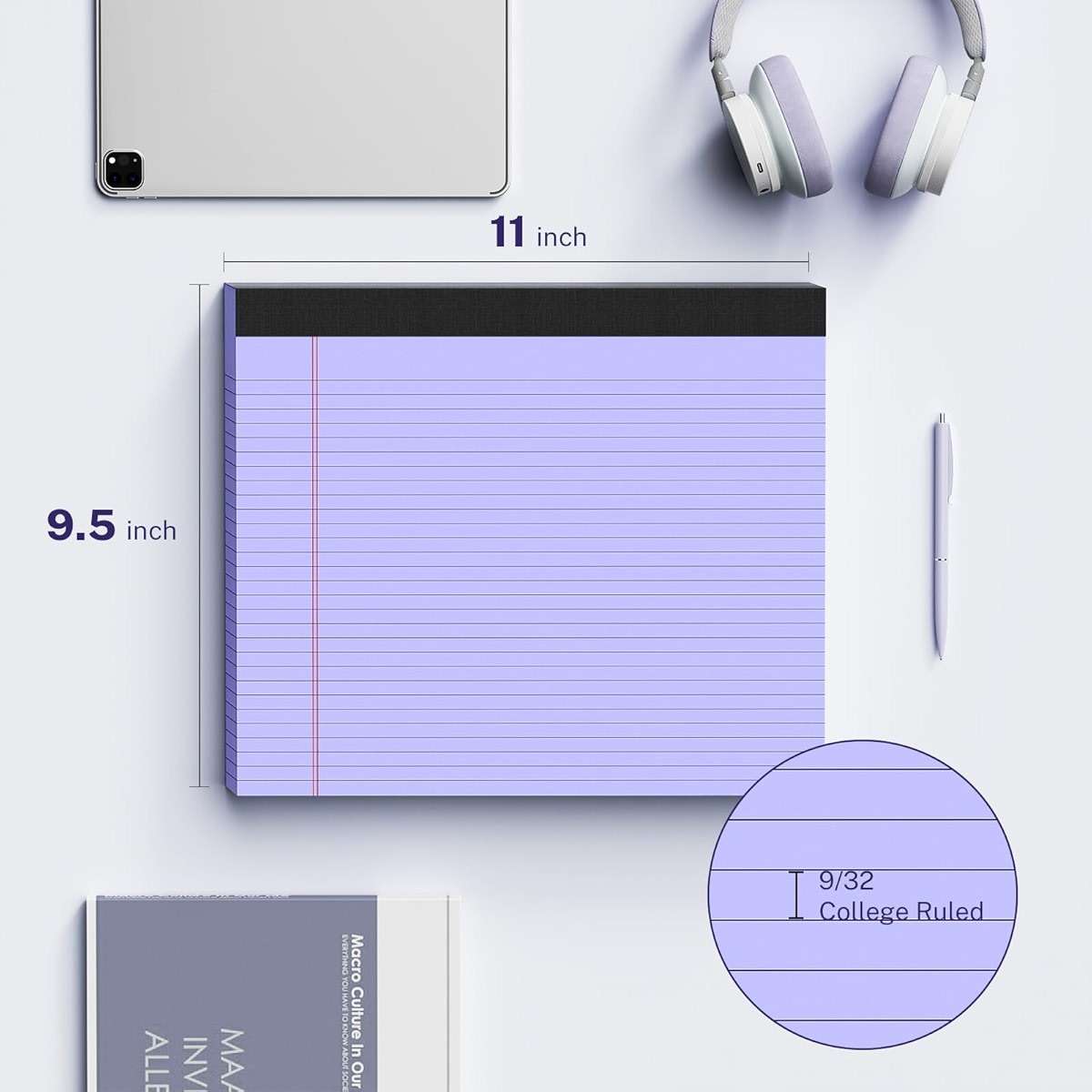 5 Pack Wide Legal Pads 11" x 9.5" Landscape Pink Purple Blue Green Yellow College Ruled Note Pad Narrow Ruled 30 Sheets per Notepad Perforated Writing Paper Thick Backboard Horizontal Pads of Paper - Image 3