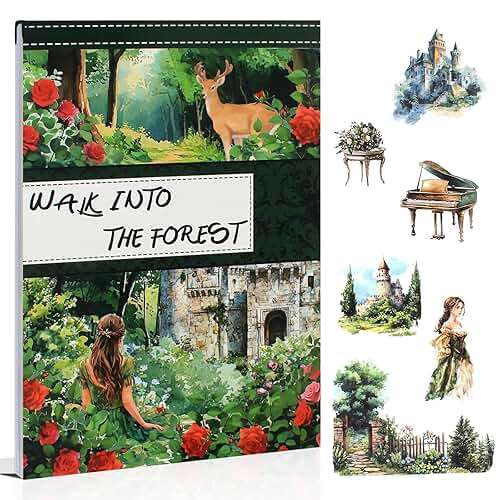Dwpetzo Forest Woodland Castle Scenery Sticker Book for Journaling, 20 Sheets Precut PET Washi Materials Ephemera Stickers for Junk Journal Supplies, Scrapbooking, DIY Crafts Arts - Image 1