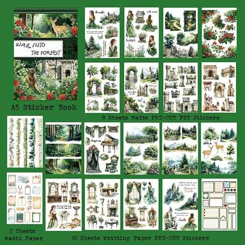 Dwpetzo Forest Woodland Castle Scenery Sticker Book for Journaling, 20 Sheets Precut PET Washi Materials Ephemera Stickers for Junk Journal Supplies, Scrapbooking, DIY Crafts Arts - Image 4