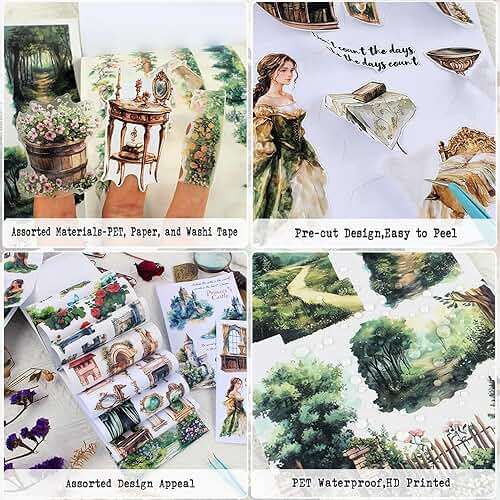 Dwpetzo Forest Woodland Castle Scenery Sticker Book for Journaling, 20 Sheets Precut PET Washi Materials Ephemera Stickers for Junk Journal Supplies, Scrapbooking, DIY Crafts Arts - Image 5