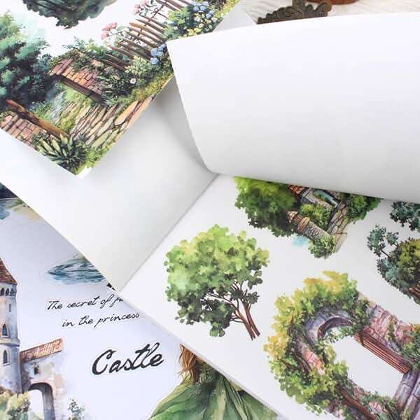 Dwpetzo Forest Woodland Castle Scenery Sticker Book for Journaling, 20 Sheets Precut PET Washi Materials Ephemera Stickers for Junk Journal Supplies, Scrapbooking, DIY Crafts Arts - Image 8