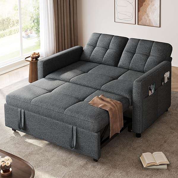 YITAHOME 55" Convertible Sofa Bed, 3-in-1 Sleeper Sofa with Iron Frame Pull-Out Bed, Linen Futon Couch with Reclining Backrest and Side Pocket, Modern Loveseat for Living Room Bedroom Apartment, Grey - Image 1