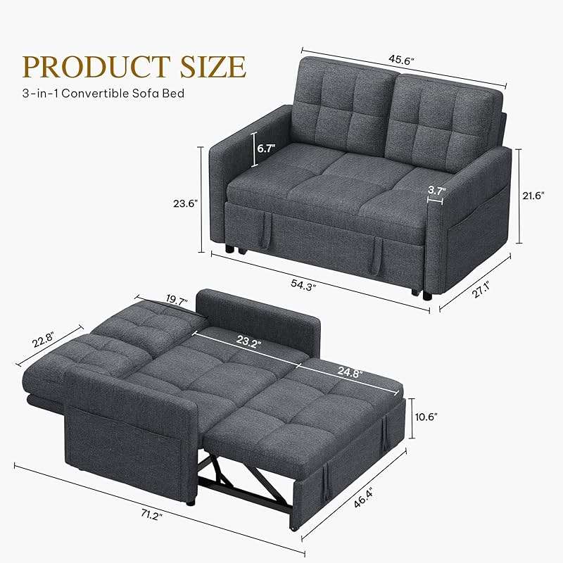 YITAHOME 55" Convertible Sofa Bed, 3-in-1 Sleeper Sofa with Iron Frame Pull-Out Bed, Linen Futon Couch with Reclining Backrest and Side Pocket, Modern Loveseat for Living Room Bedroom Apartment, Grey - Image 2