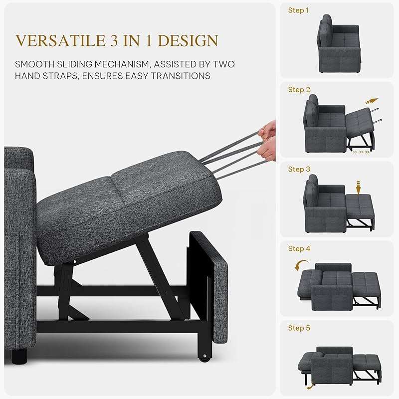 YITAHOME 55" Convertible Sofa Bed, 3-in-1 Sleeper Sofa with Iron Frame Pull-Out Bed, Linen Futon Couch with Reclining Backrest and Side Pocket, Modern Loveseat for Living Room Bedroom Apartment, Grey - Image 3