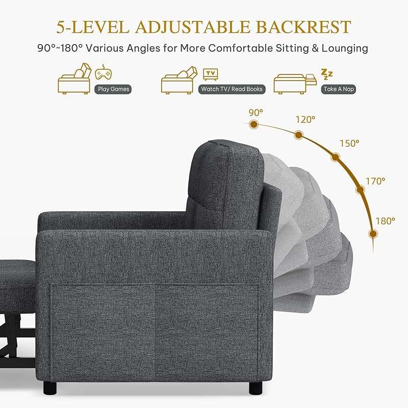 YITAHOME 55" Convertible Sofa Bed, 3-in-1 Sleeper Sofa with Iron Frame Pull-Out Bed, Linen Futon Couch with Reclining Backrest and Side Pocket, Modern Loveseat for Living Room Bedroom Apartment, Grey - Image 4