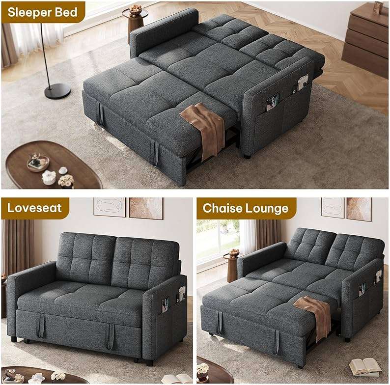 YITAHOME 55" Convertible Sofa Bed, 3-in-1 Sleeper Sofa with Iron Frame Pull-Out Bed, Linen Futon Couch with Reclining Backrest and Side Pocket, Modern Loveseat for Living Room Bedroom Apartment, Grey - Image 5