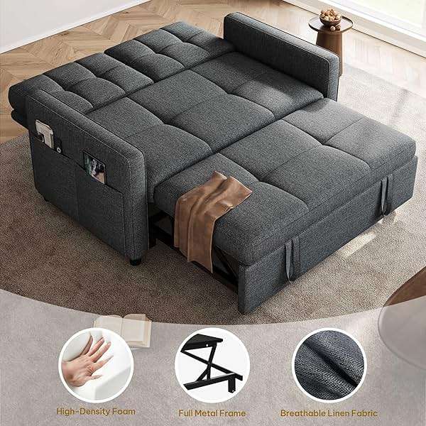 YITAHOME 55" Convertible Sofa Bed, 3-in-1 Sleeper Sofa with Iron Frame Pull-Out Bed, Linen Futon Couch with Reclining Backrest and Side Pocket, Modern Loveseat for Living Room Bedroom Apartment, Grey - Image 6