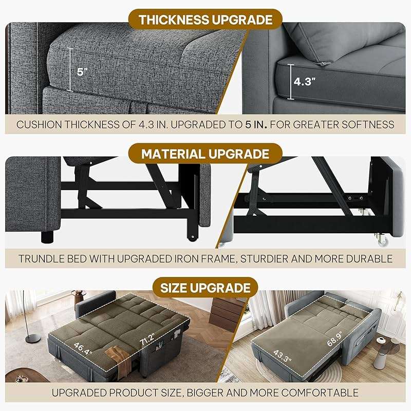 YITAHOME 55" Convertible Sofa Bed, 3-in-1 Sleeper Sofa with Iron Frame Pull-Out Bed, Linen Futon Couch with Reclining Backrest and Side Pocket, Modern Loveseat for Living Room Bedroom Apartment, Grey - Image 7