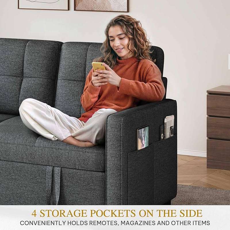 YITAHOME 55" Convertible Sofa Bed, 3-in-1 Sleeper Sofa with Iron Frame Pull-Out Bed, Linen Futon Couch with Reclining Backrest and Side Pocket, Modern Loveseat for Living Room Bedroom Apartment, Grey - Image 8