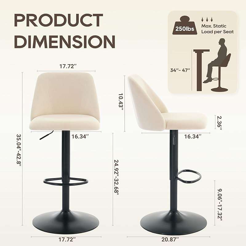 COLAMY Bar Stools Set of 4, Modern Swivel Bar Chairs, Adjustable Upholstered Barstools Counter Height with Full Backrest for Bar, Dining Room, Kitchen Island, Beige - Image 2