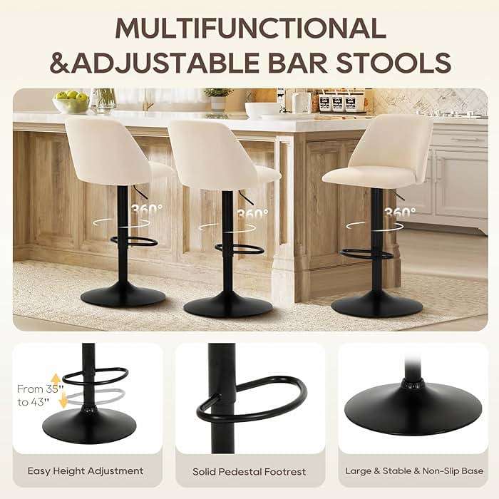 COLAMY Bar Stools Set of 4, Modern Swivel Bar Chairs, Adjustable Upholstered Barstools Counter Height with Full Backrest for Bar, Dining Room, Kitchen Island, Beige - Image 4