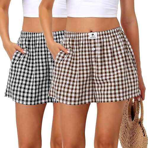 Bonuci 2 Pack Women Boxer Shorts Cotton Y2k Lounge Sleep Gingham Pj Summer Casual Pajama Y2k Beach Bottoms with Pockets - Image 1