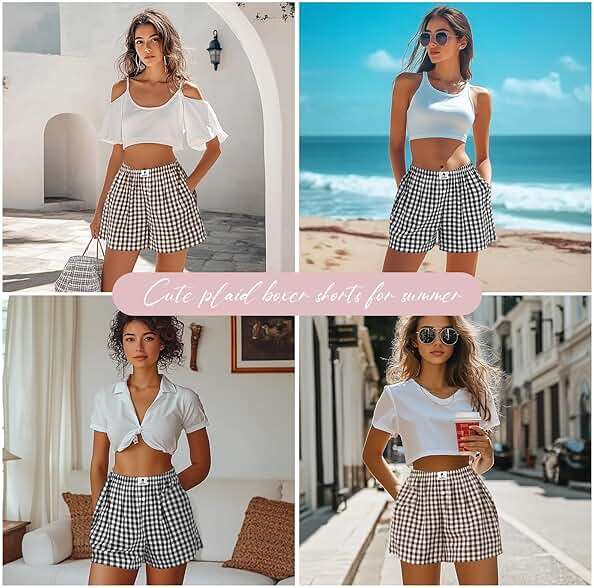 Bonuci 2 Pack Women Boxer Shorts Cotton Y2k Lounge Sleep Gingham Pj Summer Casual Pajama Y2k Beach Bottoms with Pockets - Image 6