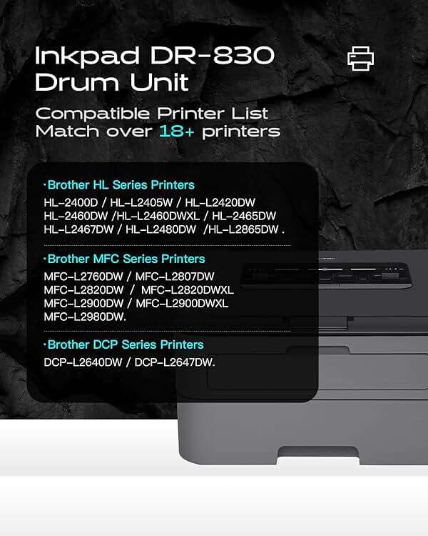DR830 Drum Unit Replacement for Brother DR-830 830 to use with HL-L2460DW DCP-L2640DW HL-L2480DW MFC-L2807DW MFC-L2820DW MFC-L2820DWXL Printers (1 Pack, No Toner) - Image 2