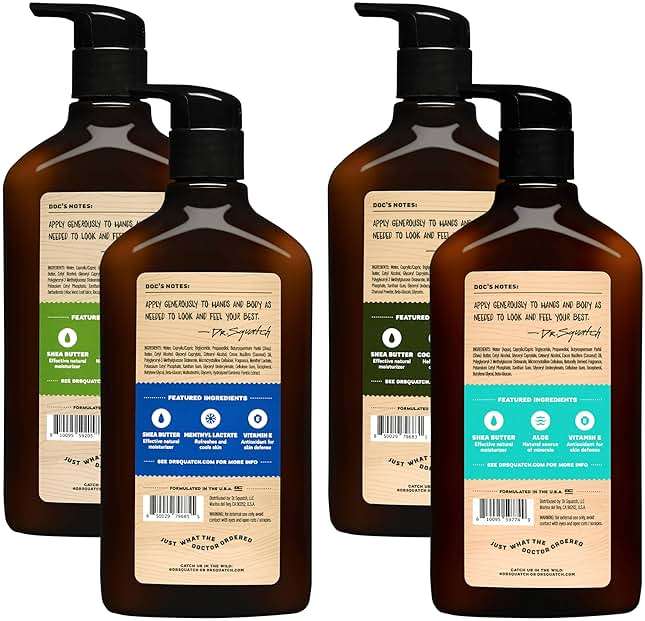 Dr. Squatch Natural Hand and Body Lotion for Men - Made with Shea Butter, Coconut Oil, Vitamin E for 24-Hr Moisturization - Pine Tar, Fresh Falls, Coconut Castaway & Cool Fresh Aloe (10 fl oz, 4-Pack) - Image 5