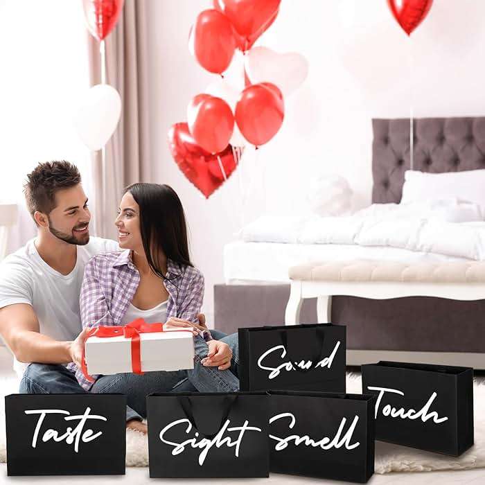 Kolldenn 5 Senses Gift Bags for Him Her with Ribbon Handles Sight Smell Touch Taste Sound Paper Gift Bags for Men Women Birthday Valentine Wedding Anniversary Party(Black,12.6 x 8.7 x 4 Inches) - Image 5