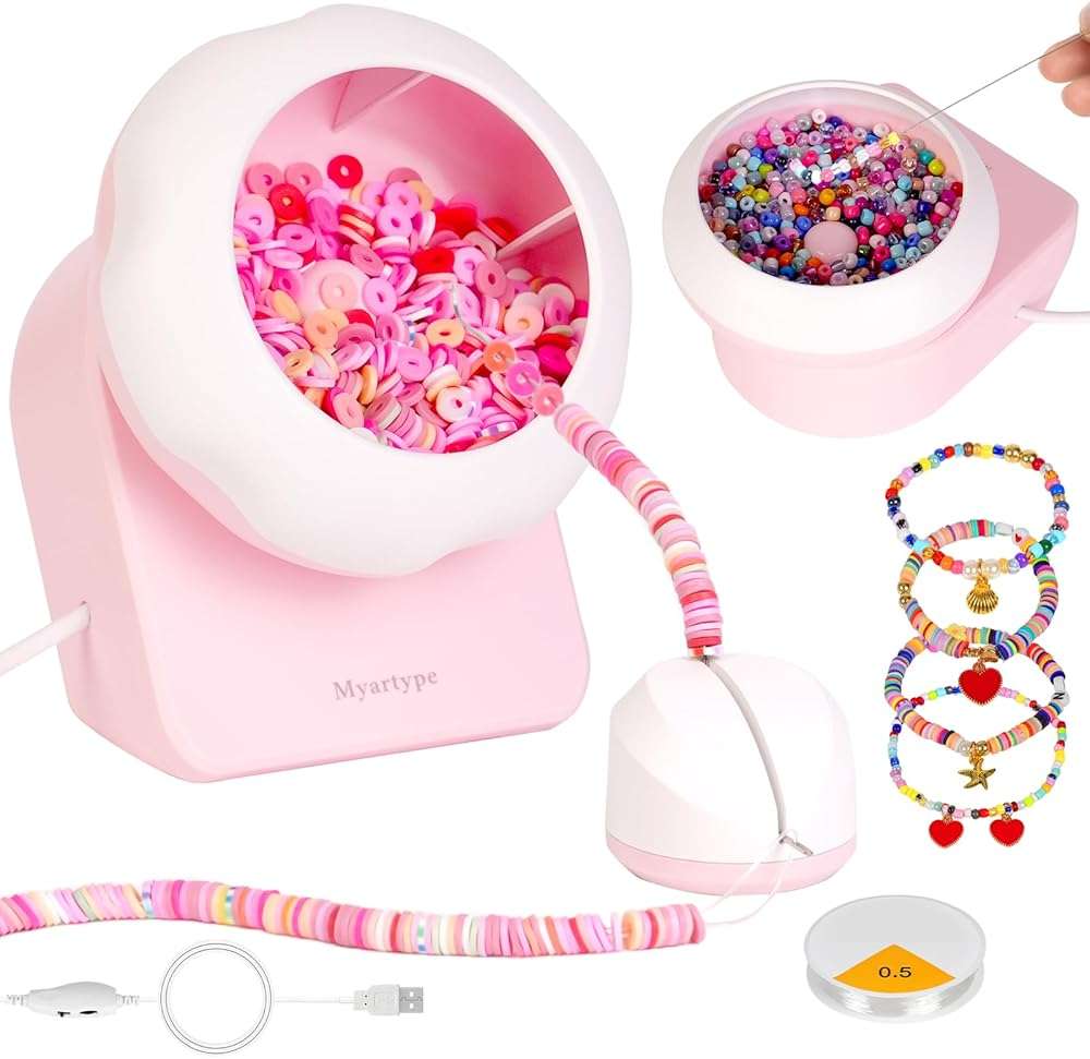 Myartype Clay Bead Spinner and Seed Bead Spinner, 2-in-1 Electric Bead Spinner for Jewelry Making, Bracelet Spinner and Necklace Making Machine with Needles and Thread (Pink), (Beads Not Included) - Image 1