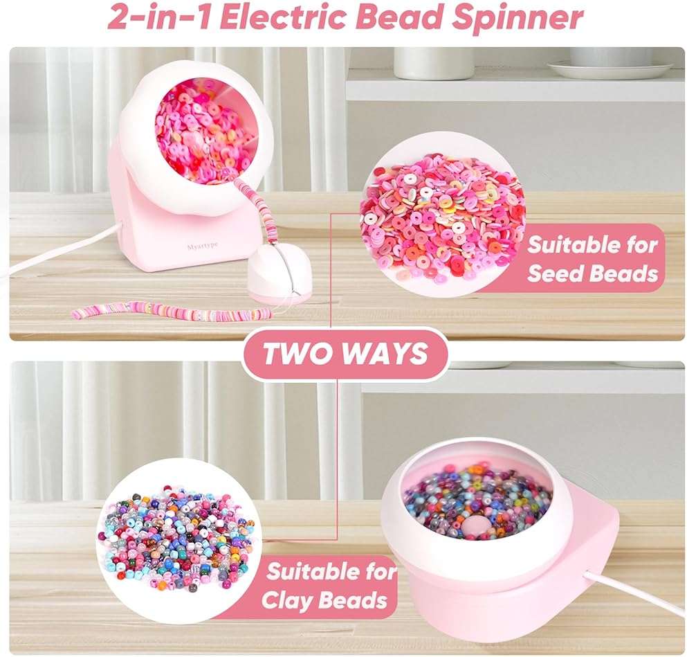 Myartype Clay Bead Spinner and Seed Bead Spinner, 2-in-1 Electric Bead Spinner for Jewelry Making, Bracelet Spinner and Necklace Making Machine with Needles and Thread (Pink), (Beads Not Included) - Image 2